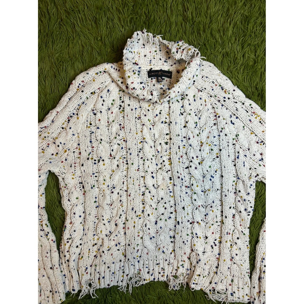 Almost‎ Famous Sweater Women 1X White Confetti Cable Knit Distressed Mock Neck